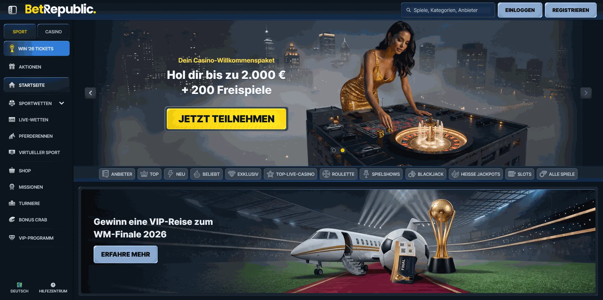 BetRepublic online casino homepage