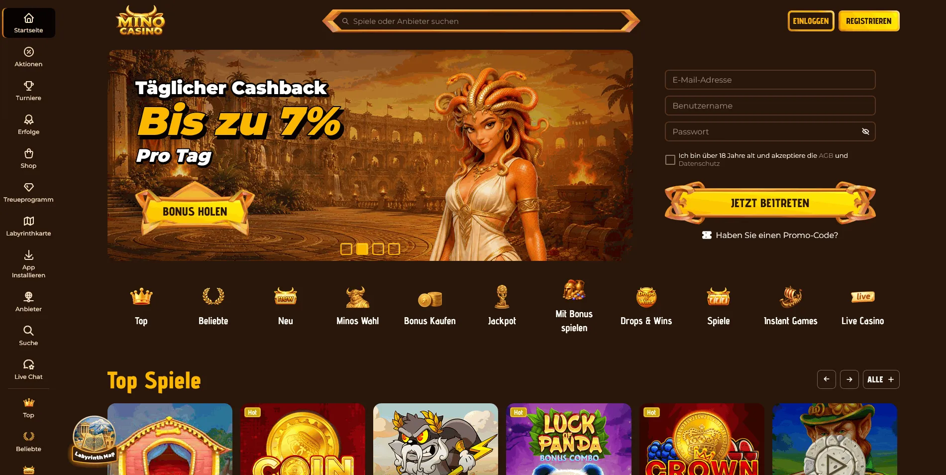 MinoCasino EU online casino homepage