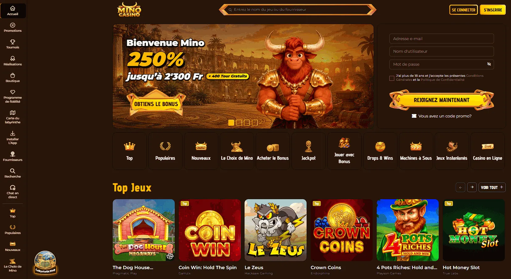 MinoCasino online casino homepage