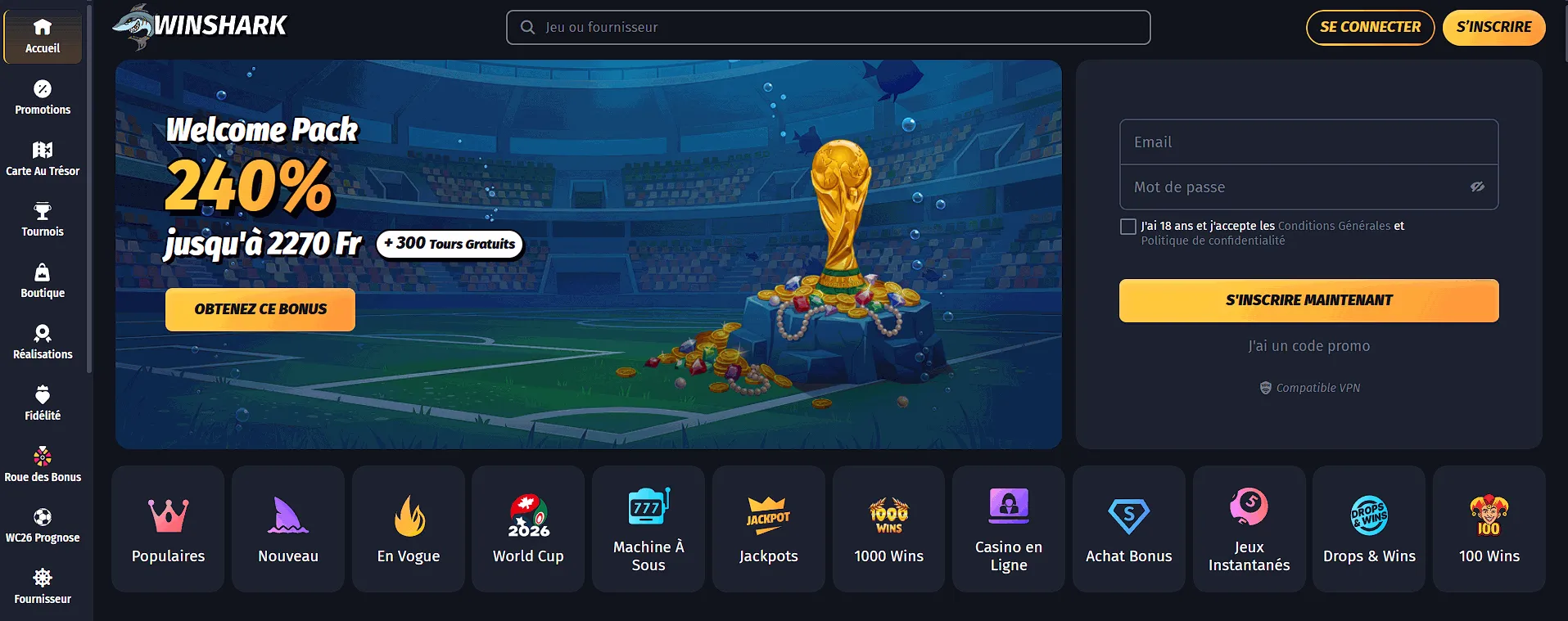 Nouveau casino en ligne Winshark